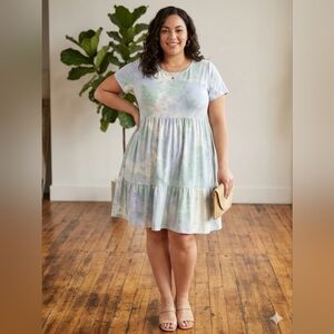 Pink Rose Tie-Dye Mini Dress - Pastel Green & Lavender